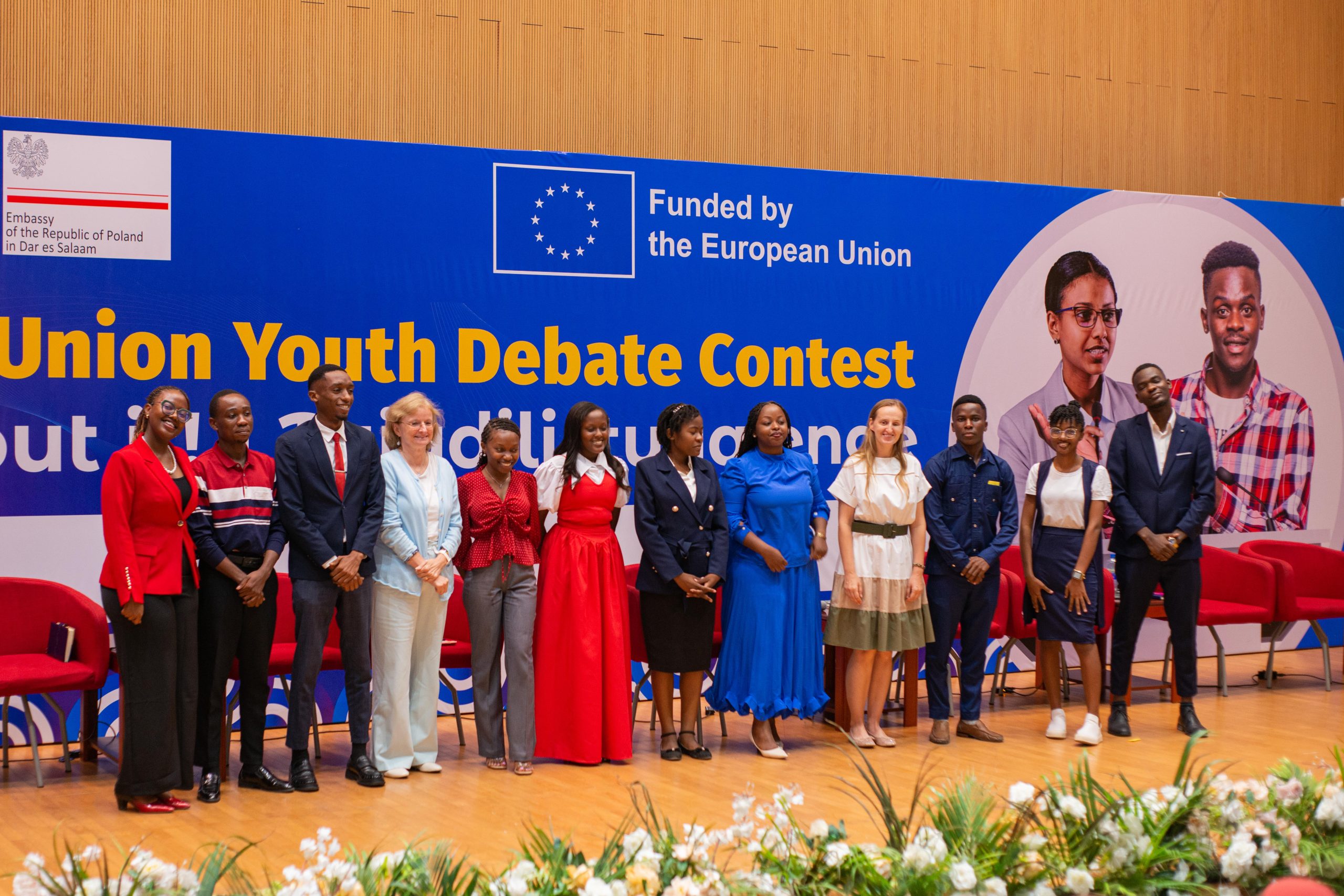 Debate Finlaists in a group photo with EU Ambassador, Christine Grau and the Acting Polish Ambassador, Katarzyna Sobiecka